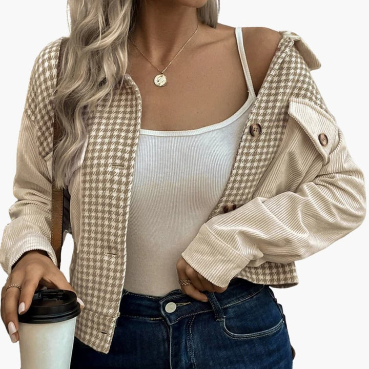 Damen Cordjacke mit Hahnentrittmuster und Knopfdetails