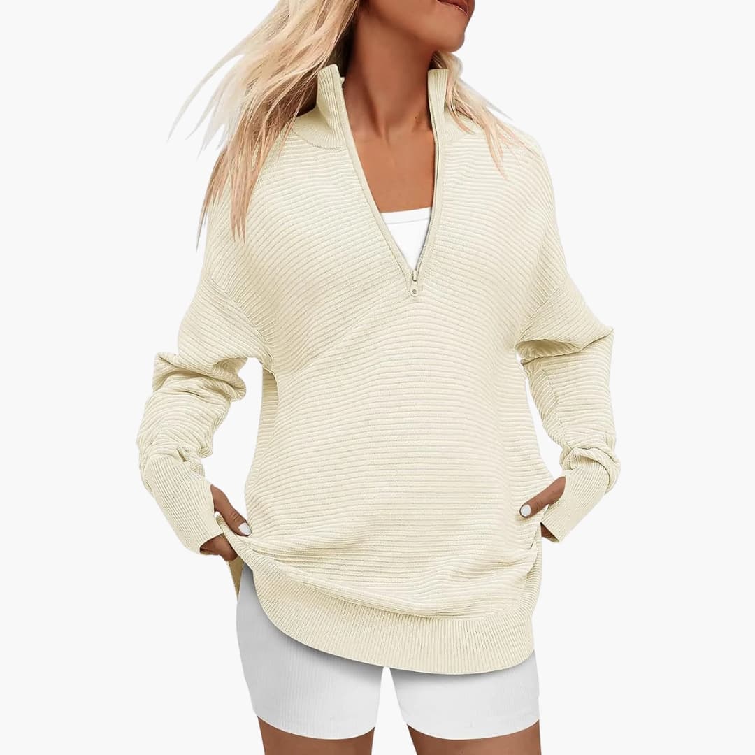 Damen Oversized Pullover mit Stehkragen und Reißverschluss