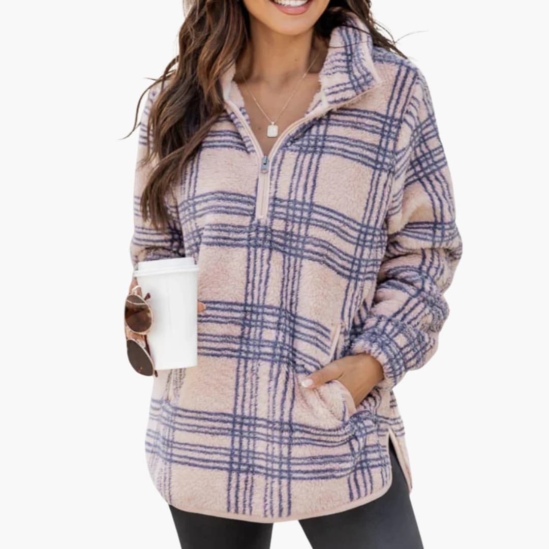 Damen Fleece Pullover mit Reißverschluss und Kariert Muster