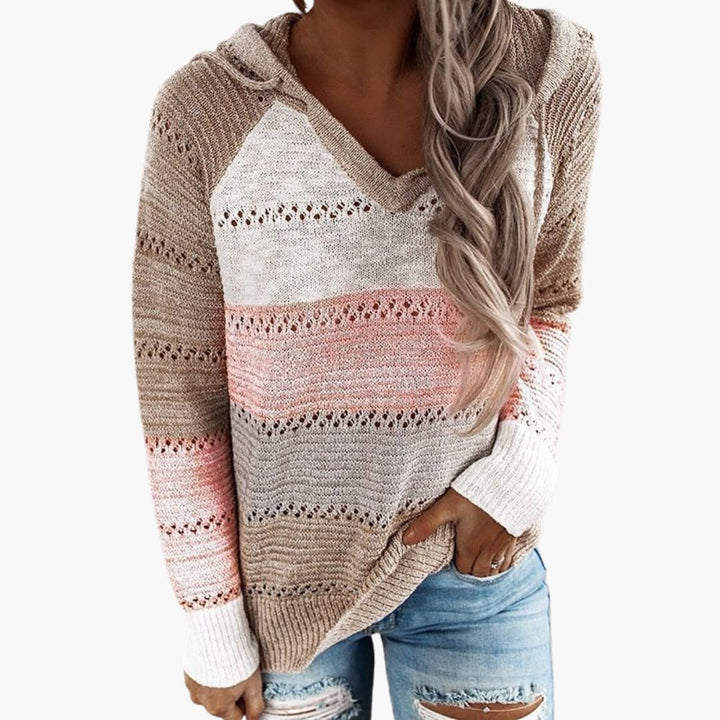 Damen Kapuzen pullover mit V-Ausschnitt und gestreifter Oberfläche