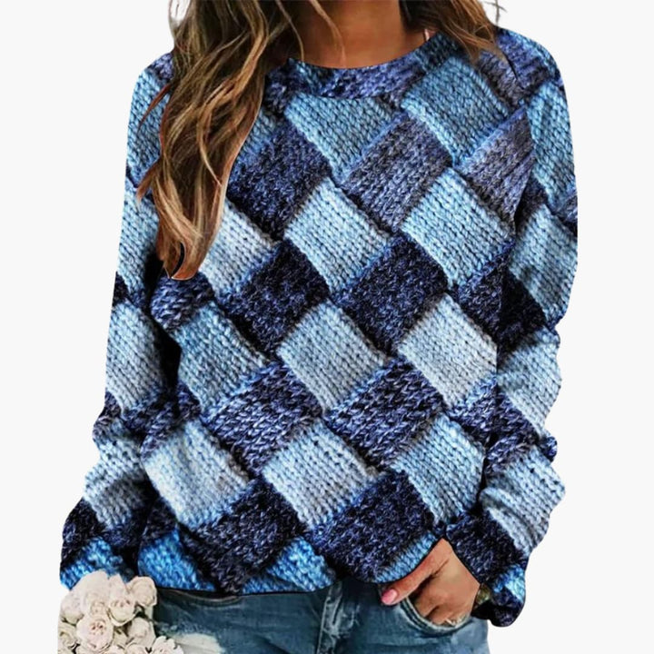 Damen pullover mit buntem Patchwork und Rundhalsausschnitt