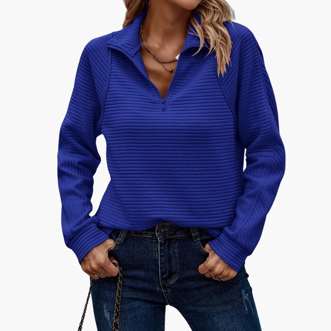 Damen Halbzip Pullover mit Rippstruktur und Stehkragen