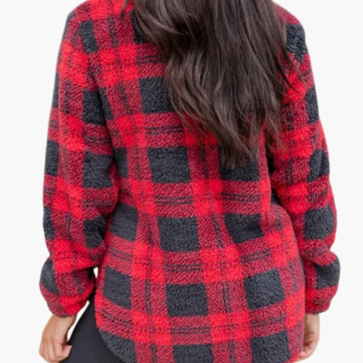Damen Fleece Pullover mit Reißverschluss und Kariert Muster