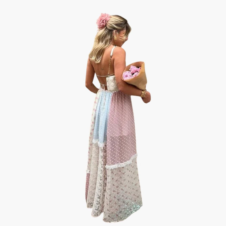 Patchwork Maxikleid - Damen Sommerkleid mit Spaghettiträgern
