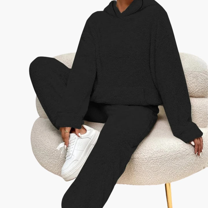 Damen Teddy Hoodie und Hosen Set mit Kängurutasche