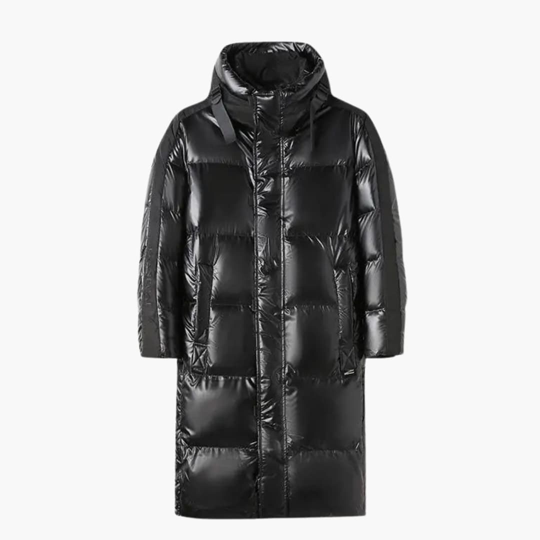 Lange Pufferjacke für Herren mit Kapuze und Reißverschluss