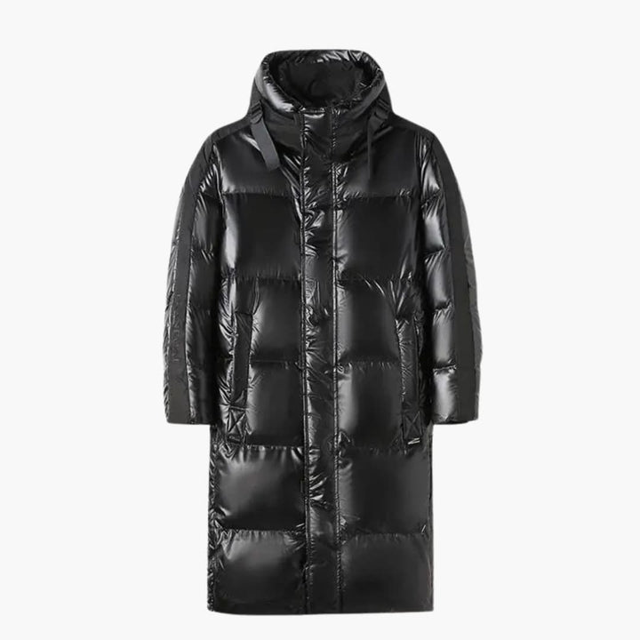 Lange Pufferjacke für Herren mit Kapuze und Reißverschluss