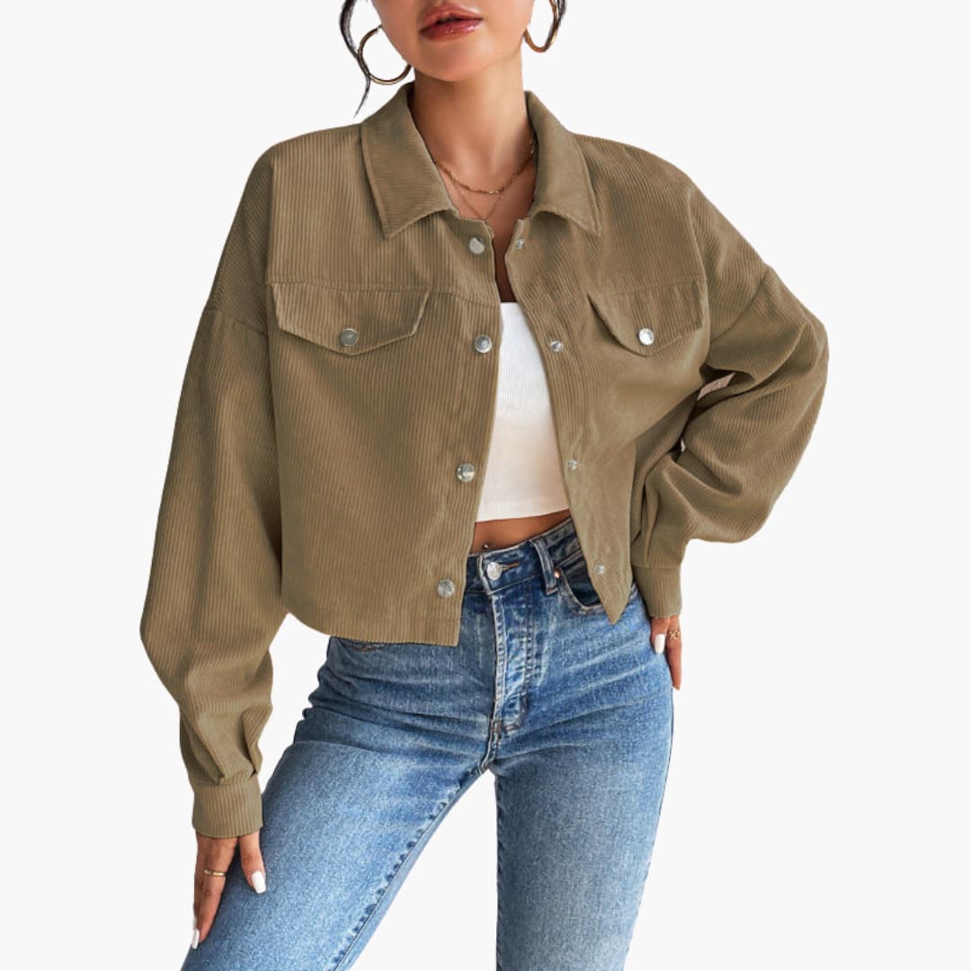 Damen Cropped Cordjacke mit Druckknöpfen