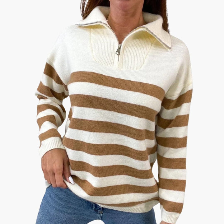 Gestreifter Reißverschluss Pullover für Damen mit Stehkragen