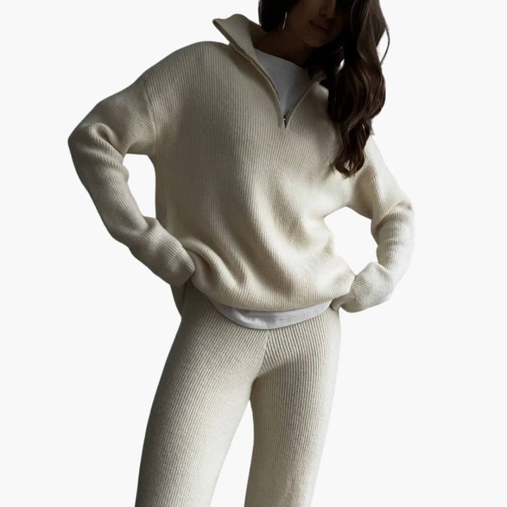 Damen Rippstrick Pullover mit kurzem Reißverschlusskragen