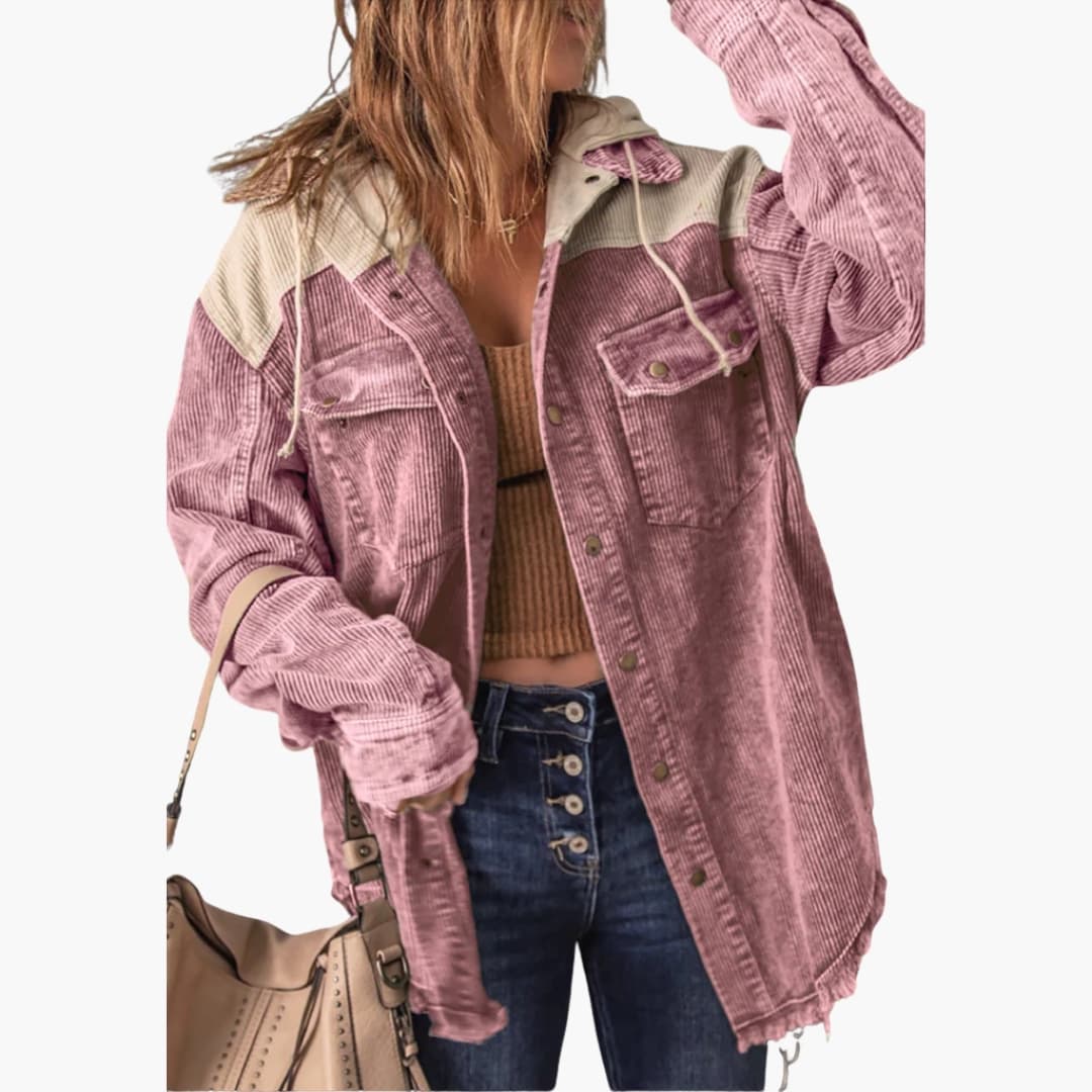 Damen Cord Jacke mit Kapuze und Druckknöpfen