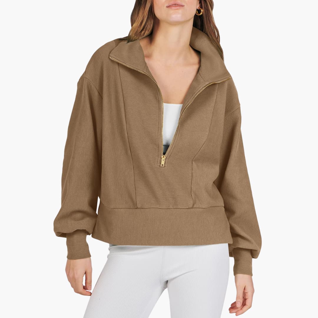 Frauen Zip-Front Pullover mit hohem Kragen und gerippter Oberfläche
