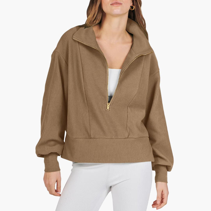 Frauen Zip-Front Pullover mit hohem Kragen und gerippter Oberfläche
