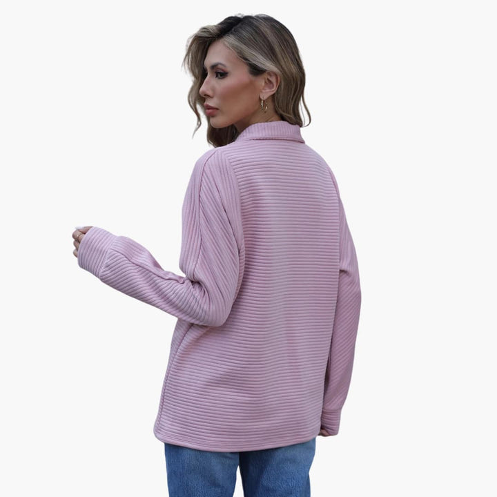 Frauen Pullover mit halbem Reißverschluss und gerippter Textur, lockere Passform