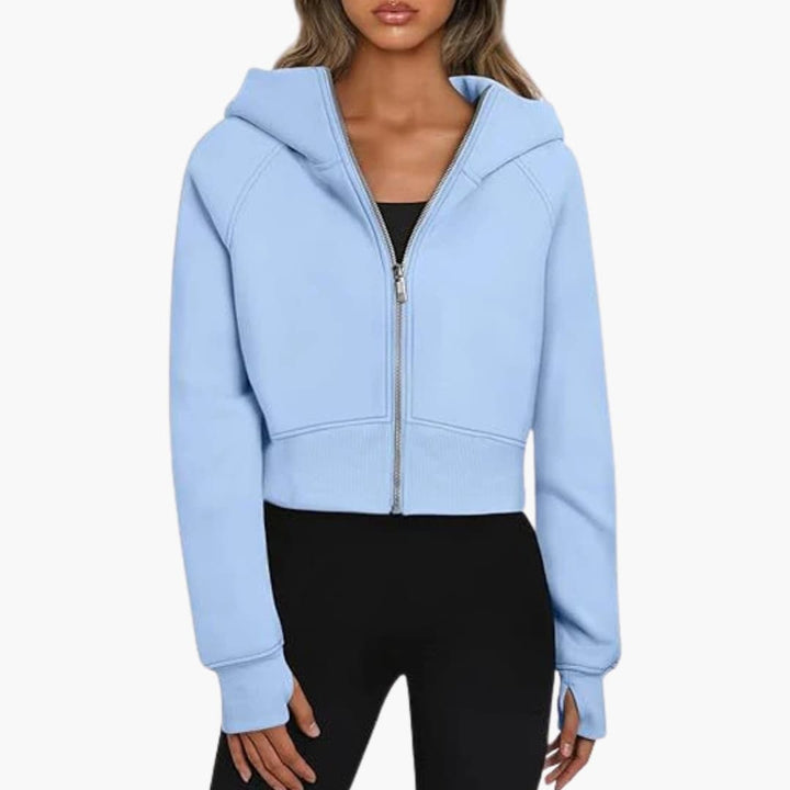 Damen Cropped Hoodie mit Reißverschluss und elastischem Bund
