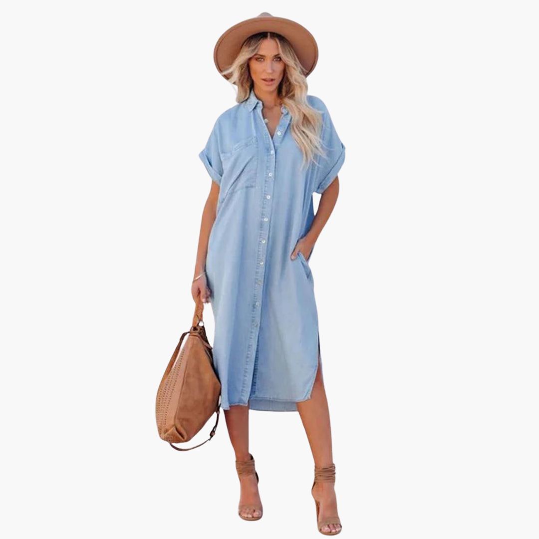 Denim Shirtkleid Damen – Lässig, Knopfleiste, Kurzarm