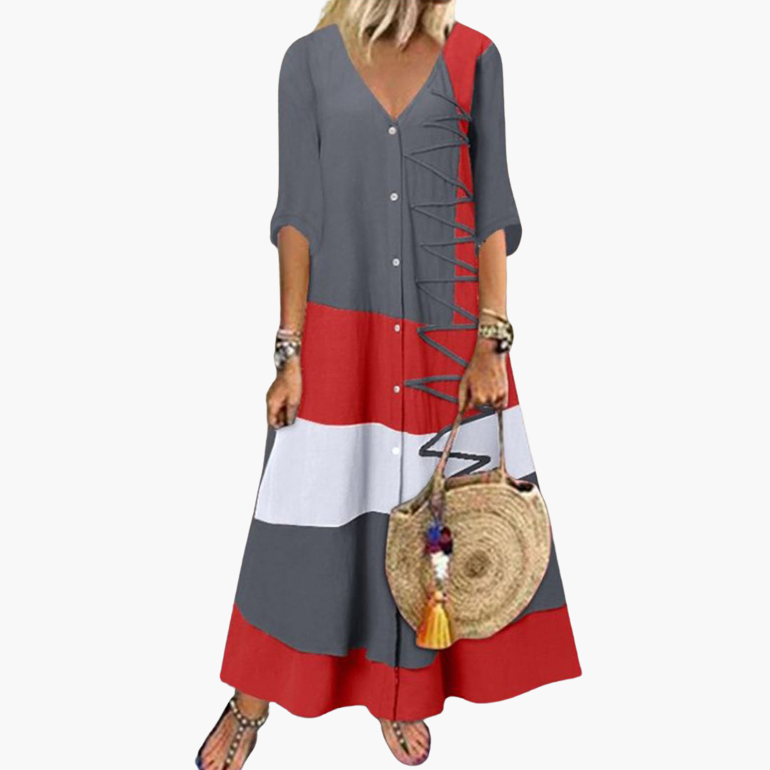 Langes Strickkleid für Frauen - V-Ausschnitt, Seitenbänder