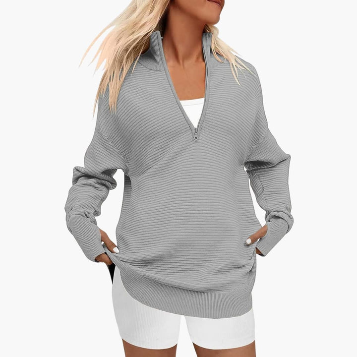 Damen Oversized Pullover mit Stehkragen und Reißverschluss