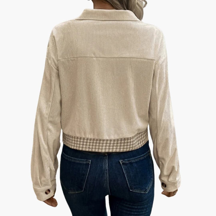 Damen Cordjacke mit Hahnentrittmuster und Knopfdetails