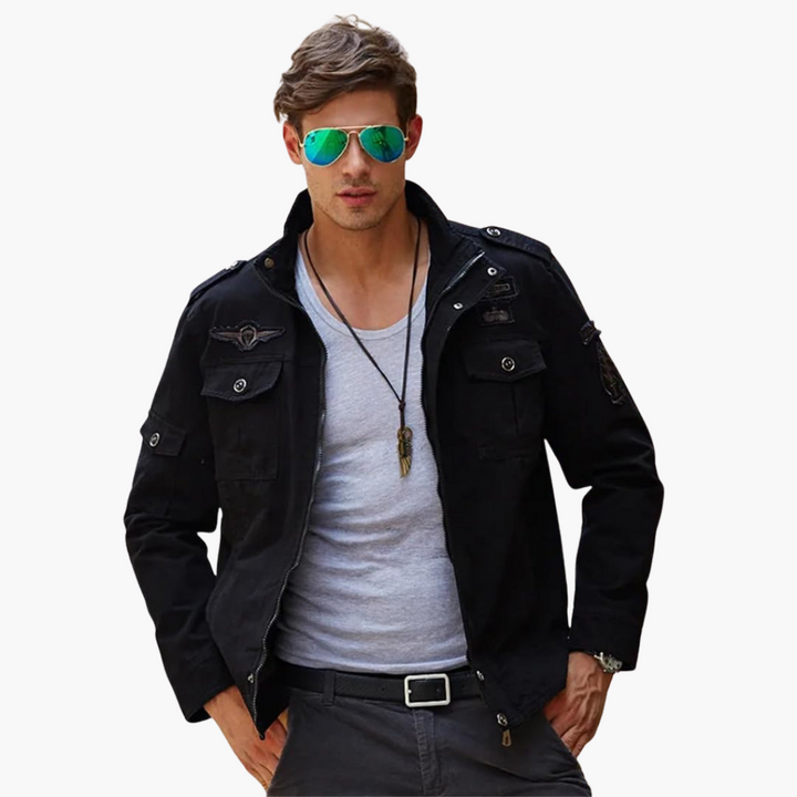 Herren Cargo Militärjacke mit Reißverschluss und Abzeichen Details