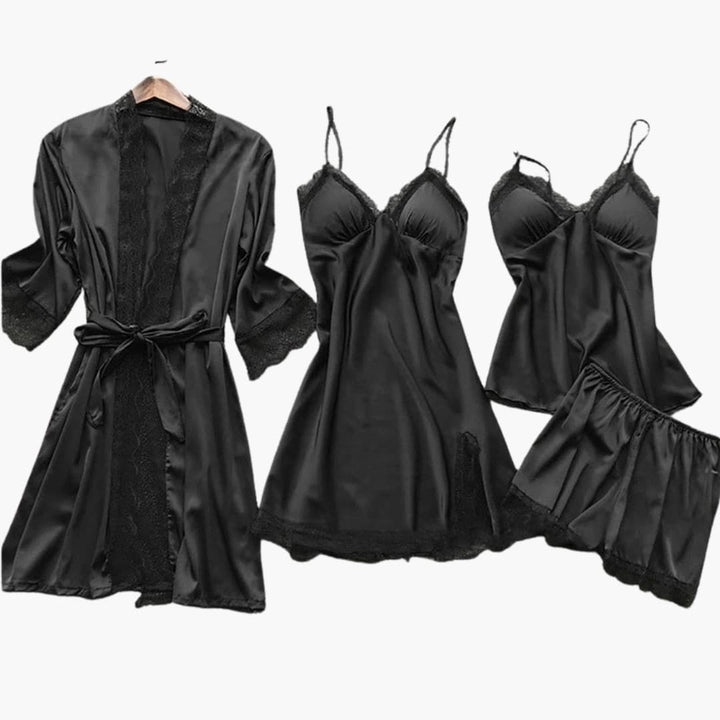 Damen Satin Schlafanzug Set mit Morgenmantel und Spitzendetails