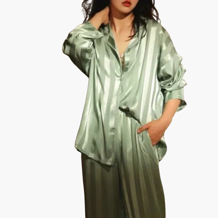 Damen Satin Pyjama Set mit Langarmshirt und Hose