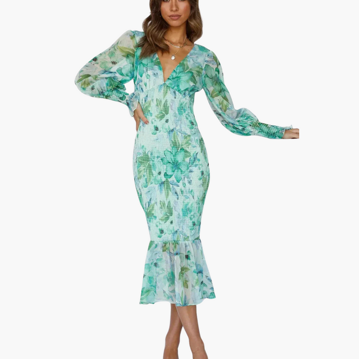 Blumen Midi Kleid mit Puffärmeln - elegantes Damen Sommerkleid