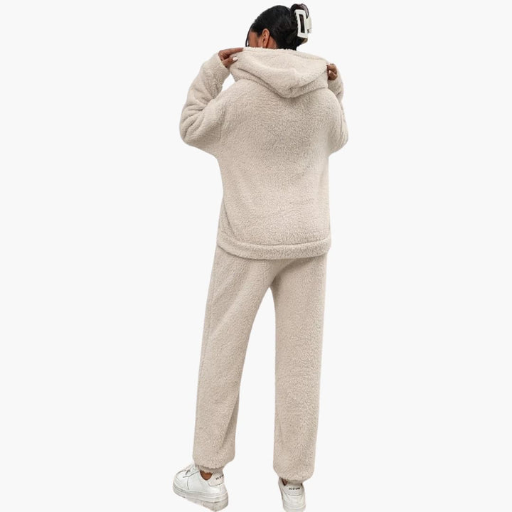 Damen Teddy Hoodie und Hosen Set mit Kängurutasche