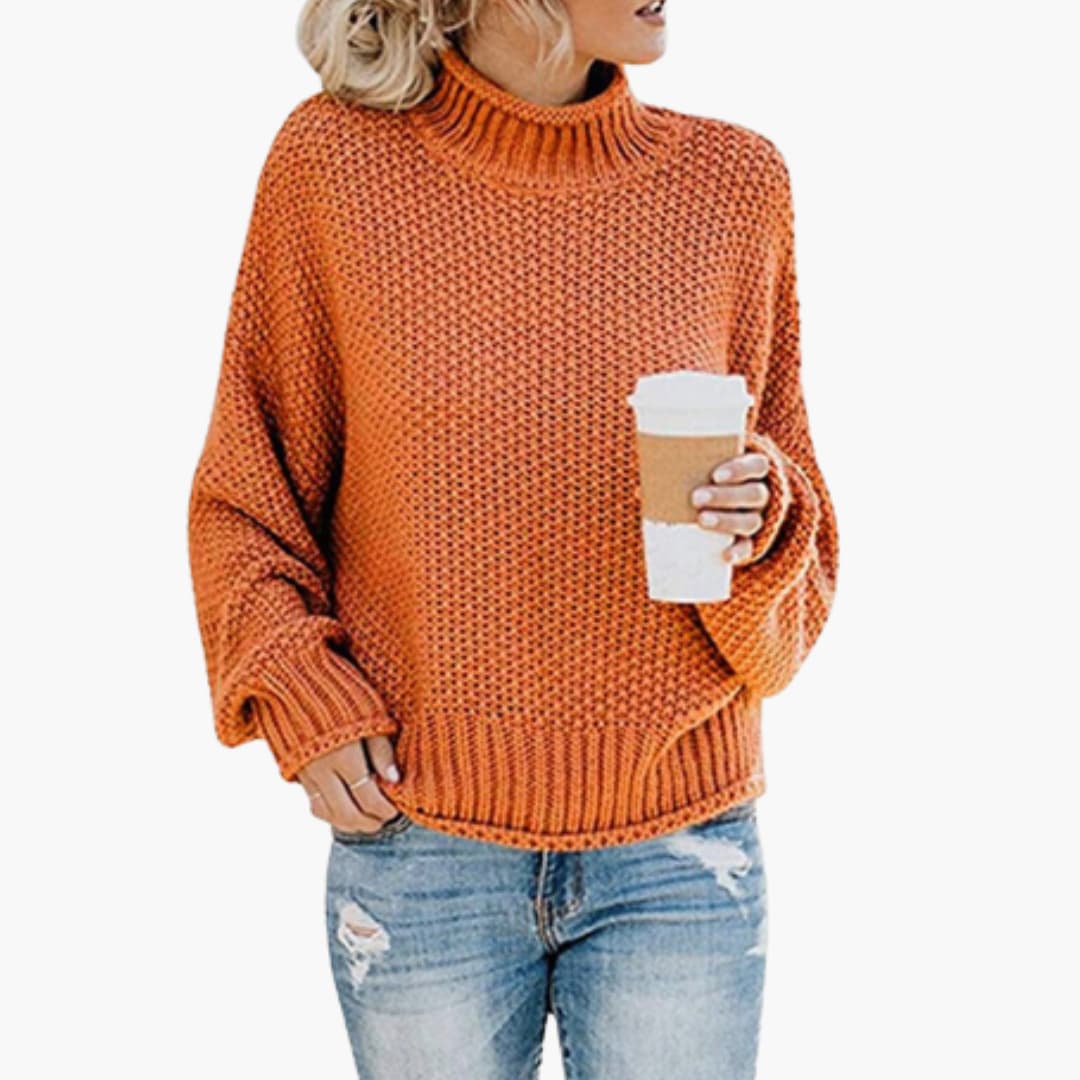 Damen pullover mit hohem Halsausschnitt und geripptem Saum