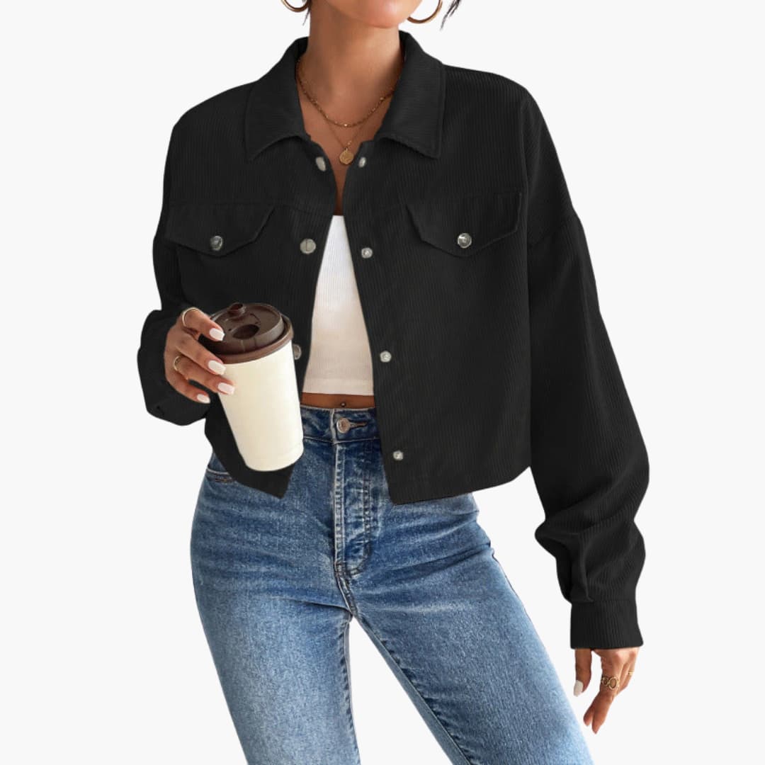 Damen Cropped Cordjacke mit Druckknöpfen