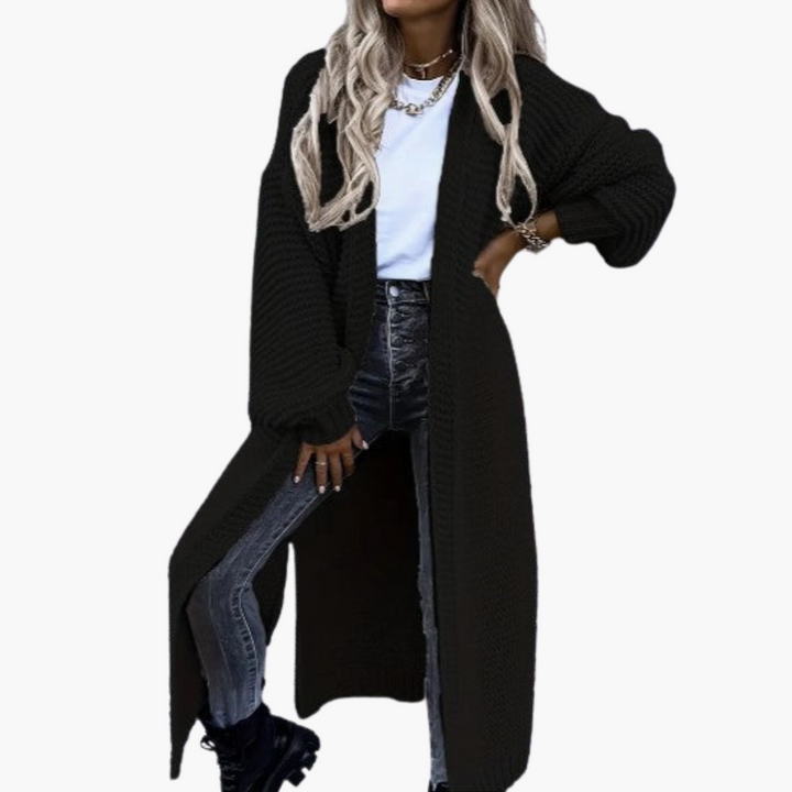 Damen Strickjacke lang mit offenem Vorderteil und gerippten Bündchen