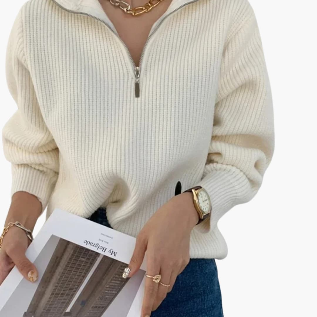Damenpullover mit Reißverschluss-Ausschnitt und gerippter Oberfläche