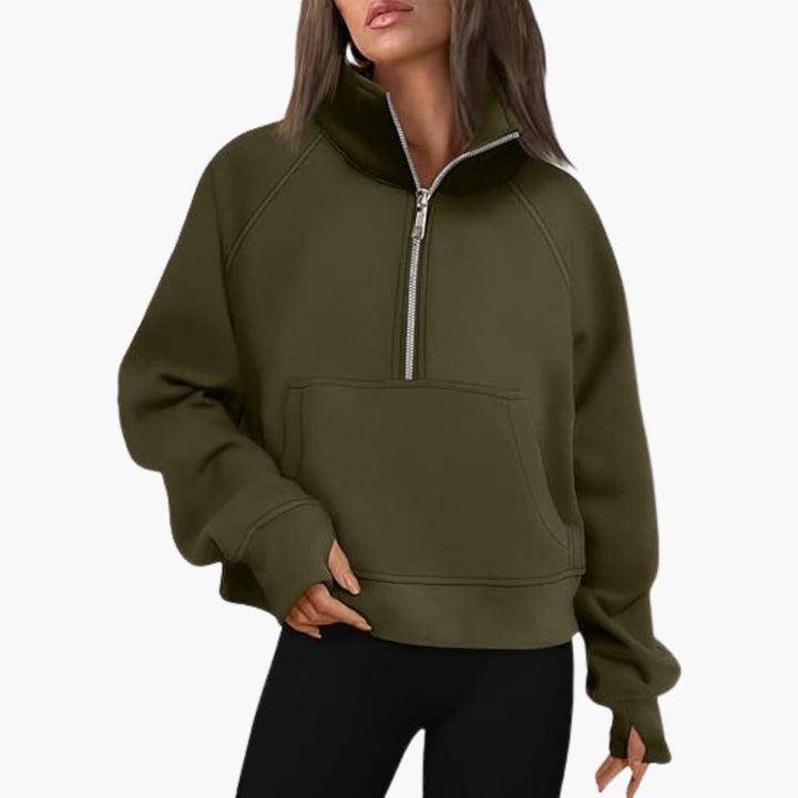 Damen Sweatshirt mit Reißverschluss am Ausschnitt und Kängurutasche