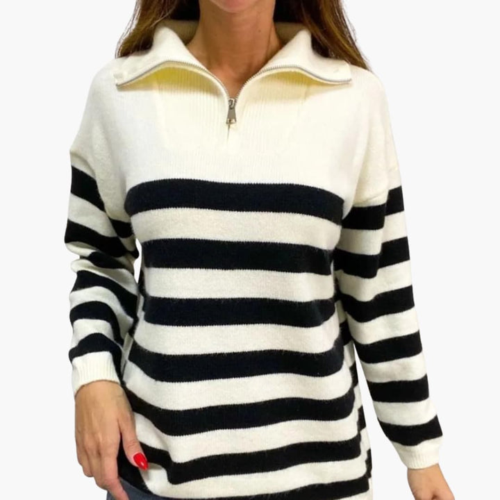 Gestreifter Reißverschluss Pullover für Damen mit Stehkragen