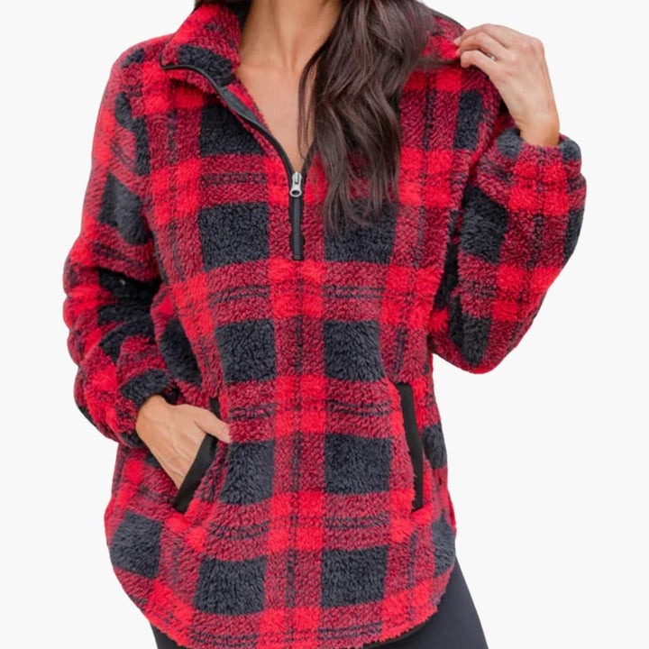 Damen Fleece Pullover mit Reißverschluss und Kariert Muster
