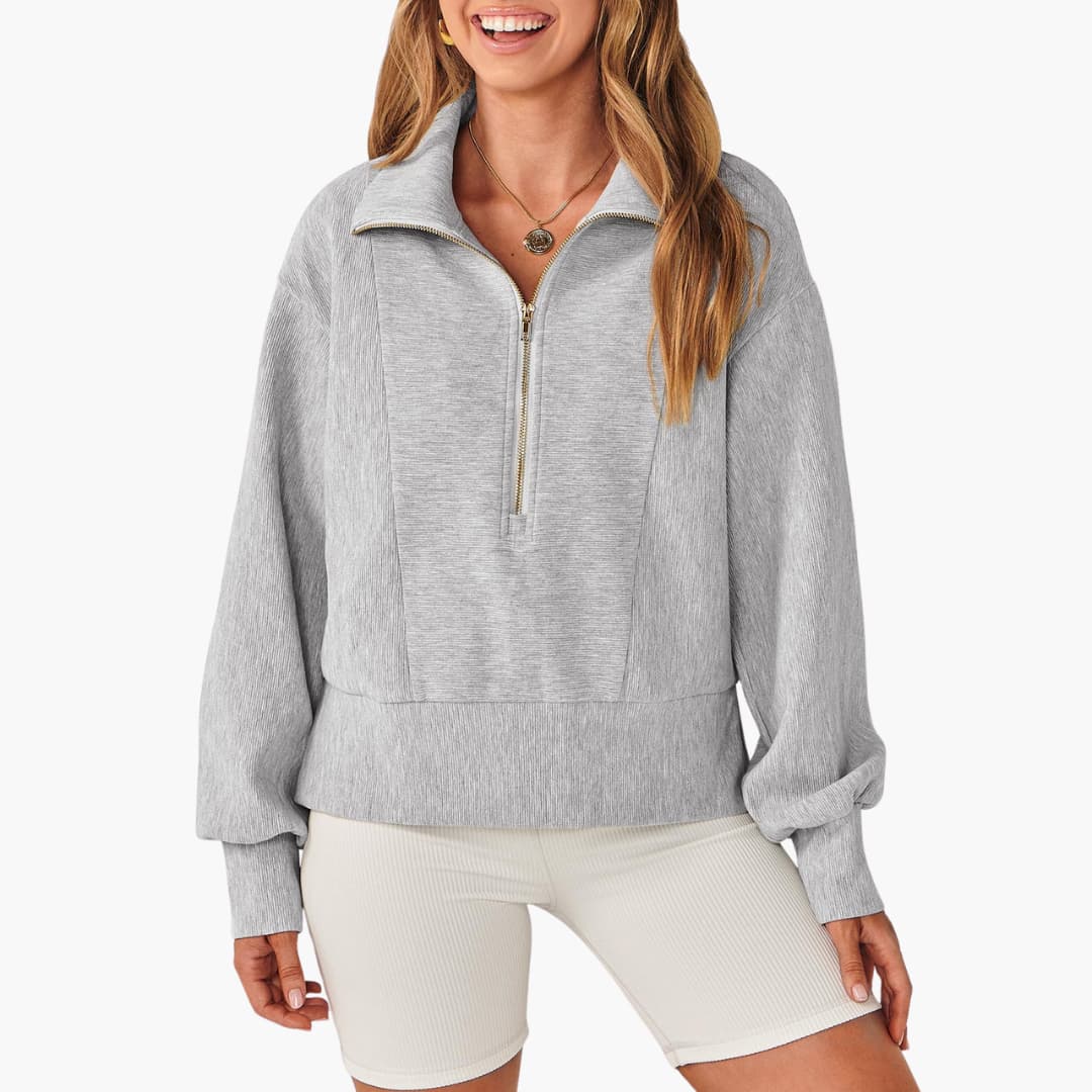 Frauen Zip-Front Pullover mit hohem Kragen und gerippter Oberfläche