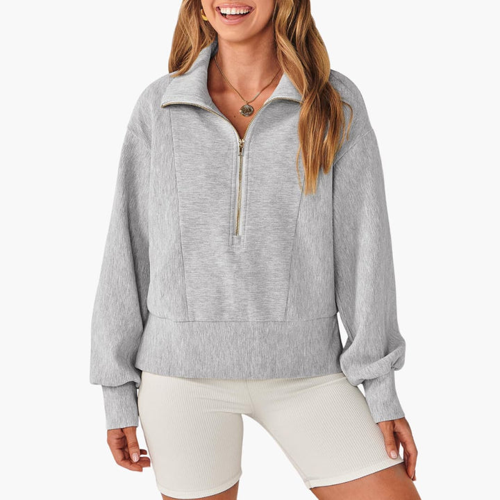 Frauen Zip-Front Pullover mit hohem Kragen und gerippter Oberfläche