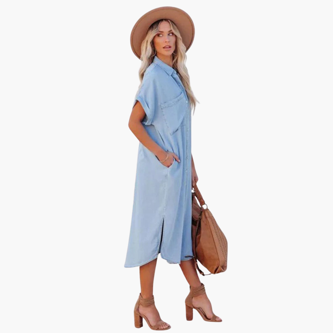 Denim Shirtkleid Damen – Lässig, Knopfleiste, Kurzarm