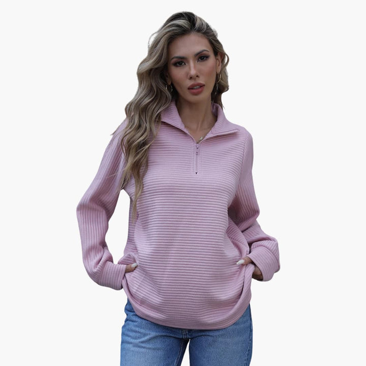 Frauen Pullover mit halbem Reißverschluss und gerippter Textur, lockere Passform
