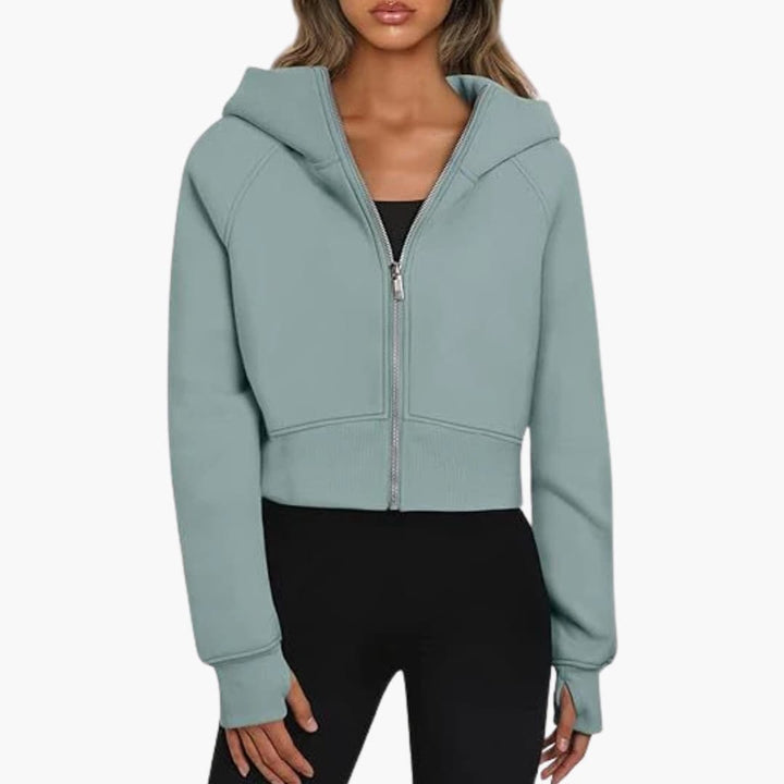 Damen Cropped Hoodie mit Reißverschluss und elastischem Bund