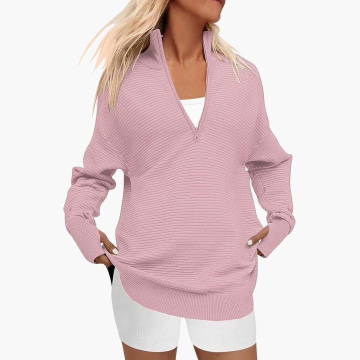 Damen Oversized Pullover mit Stehkragen und Reißverschluss