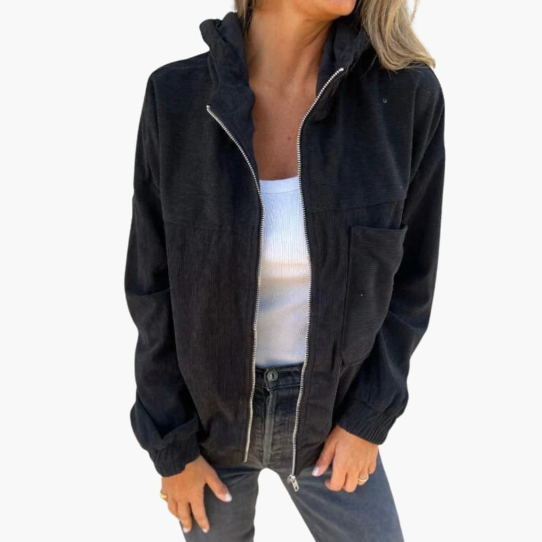 Damen Cord Kapuzenjacke mit Reißverschluss und aufgesetzter Tasche