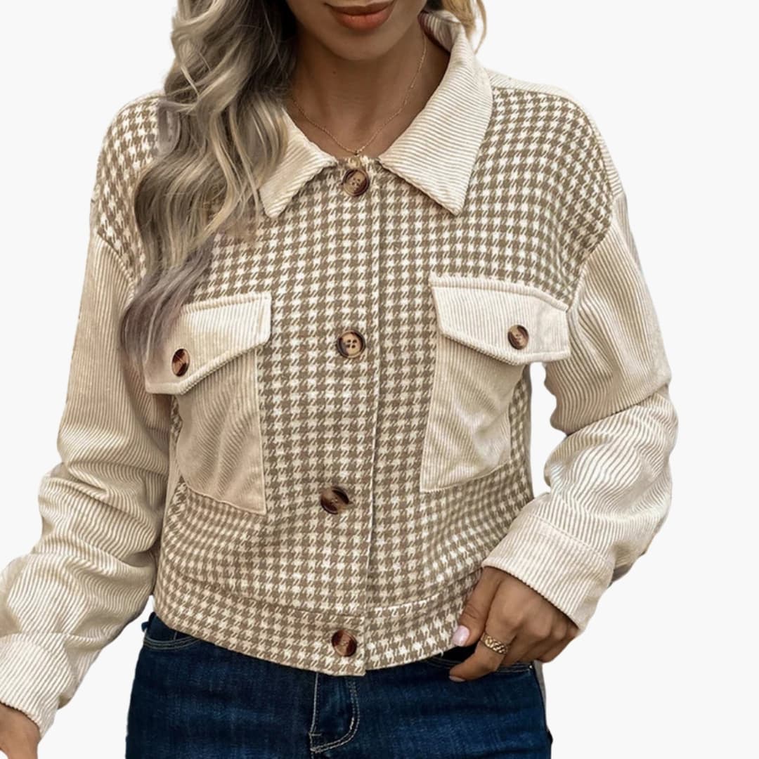 Damen Cordjacke mit Hahnentrittmuster und Knopfdetails