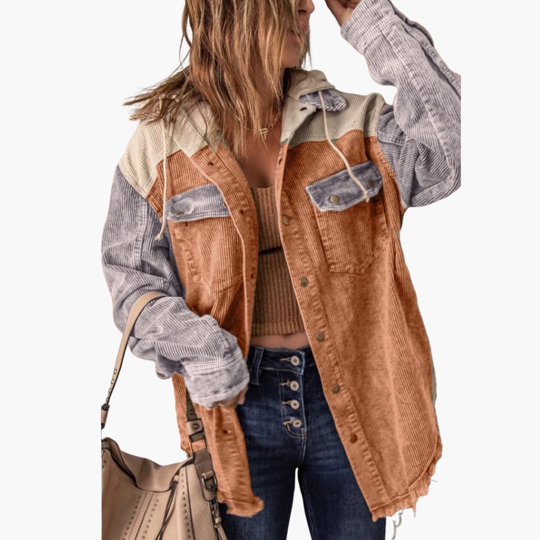 Damen Cord Jacke mit Kapuze und Druckknöpfen