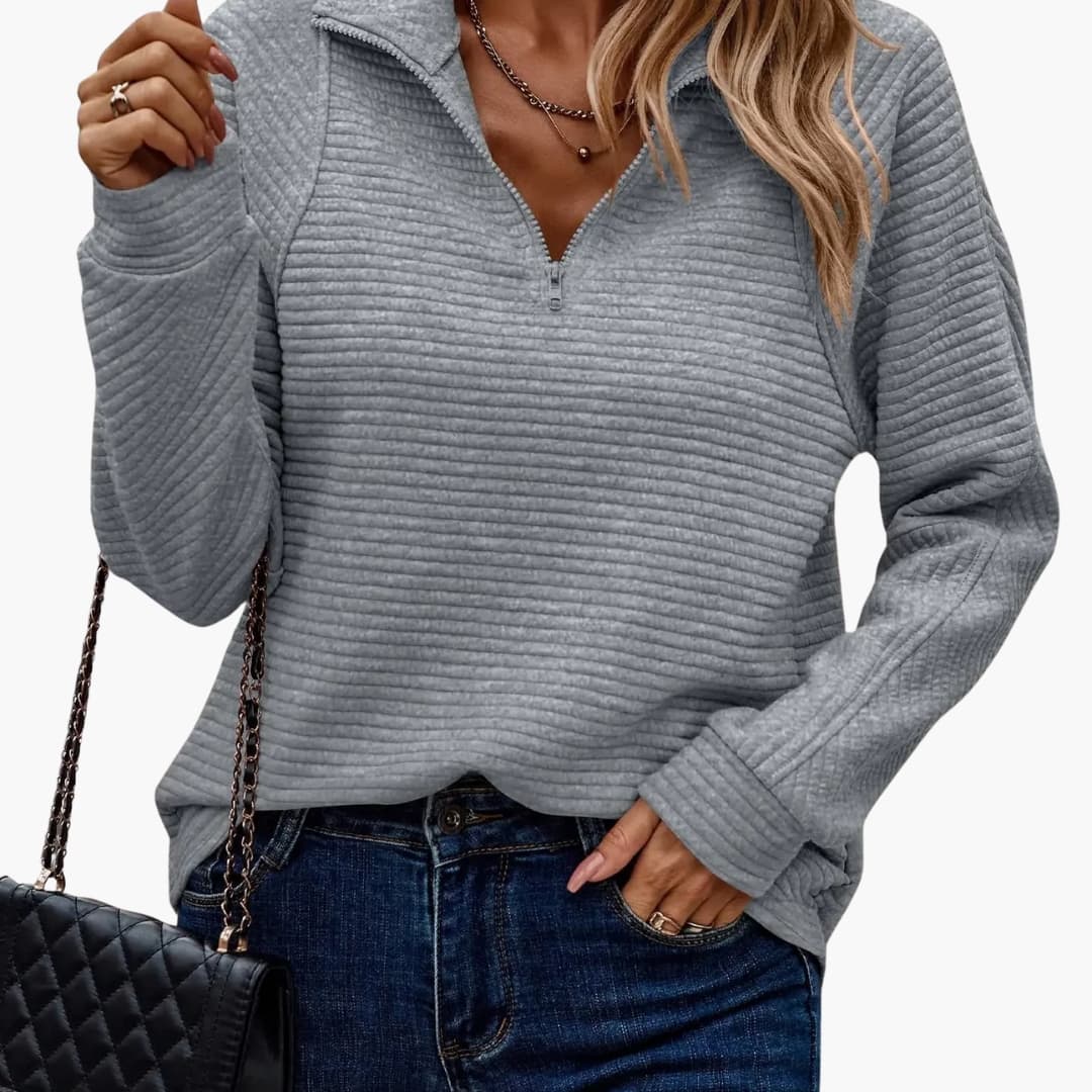 Damen Halbzip Pullover mit Rippstruktur und Stehkragen