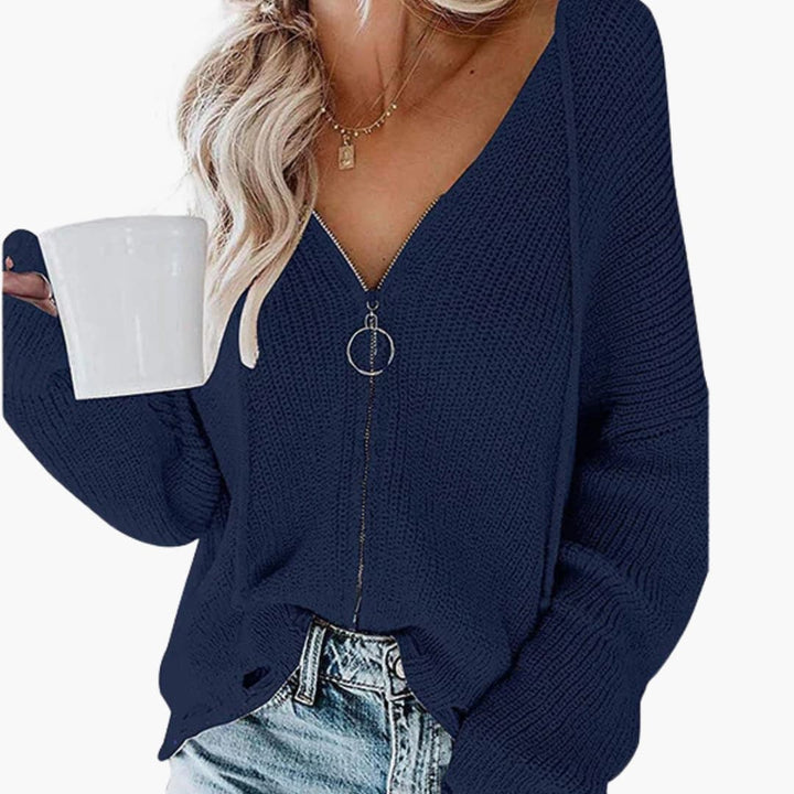 Damen Pullover mit V Ausschnitt und Reißverschluss