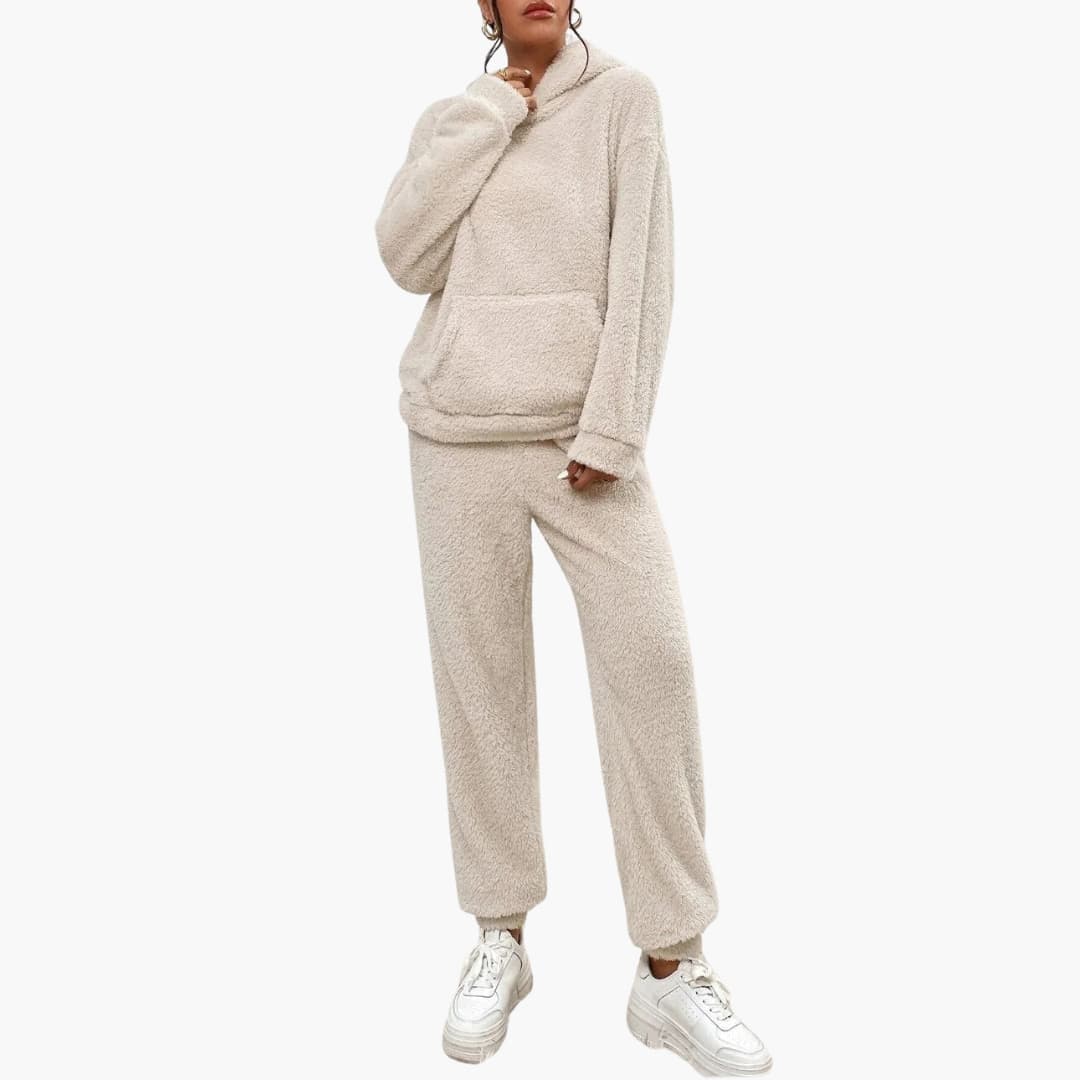 Damen Teddy Hoodie und Hosen Set mit Kängurutasche