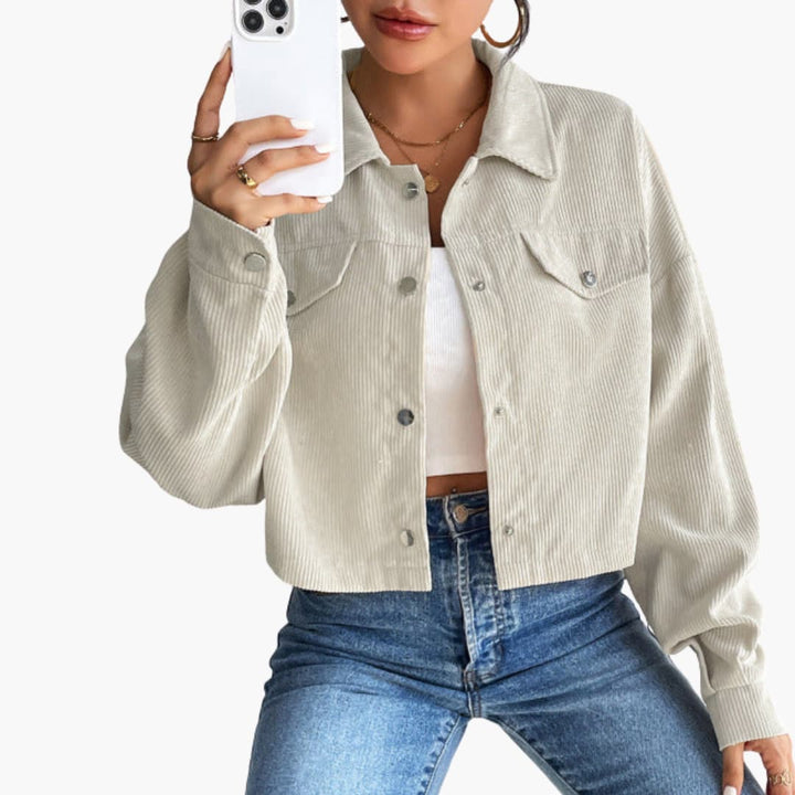 Damen Cropped Cordjacke mit Druckknöpfen