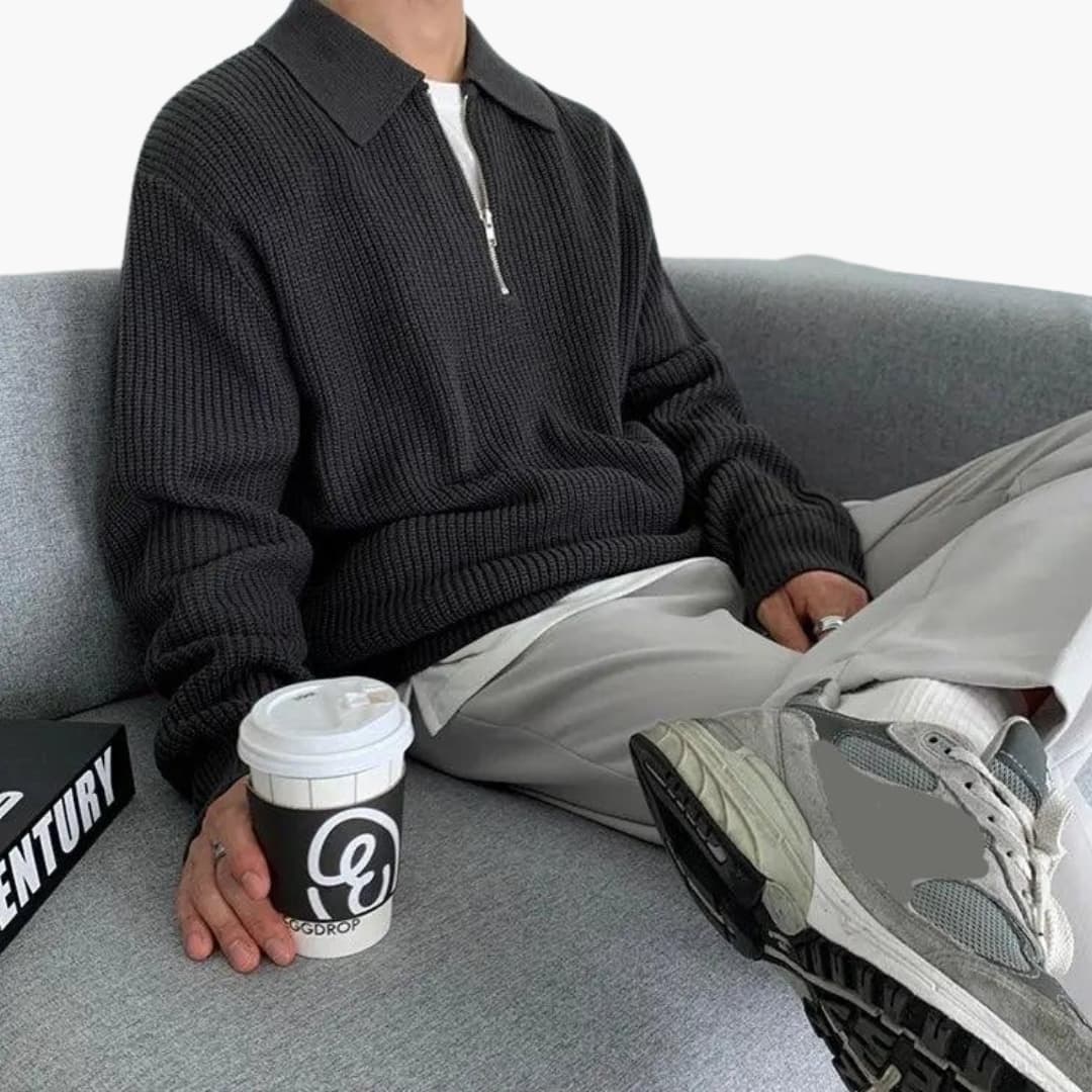 Herren Pullover mit Viertelreißverschluss und Rippenmuster