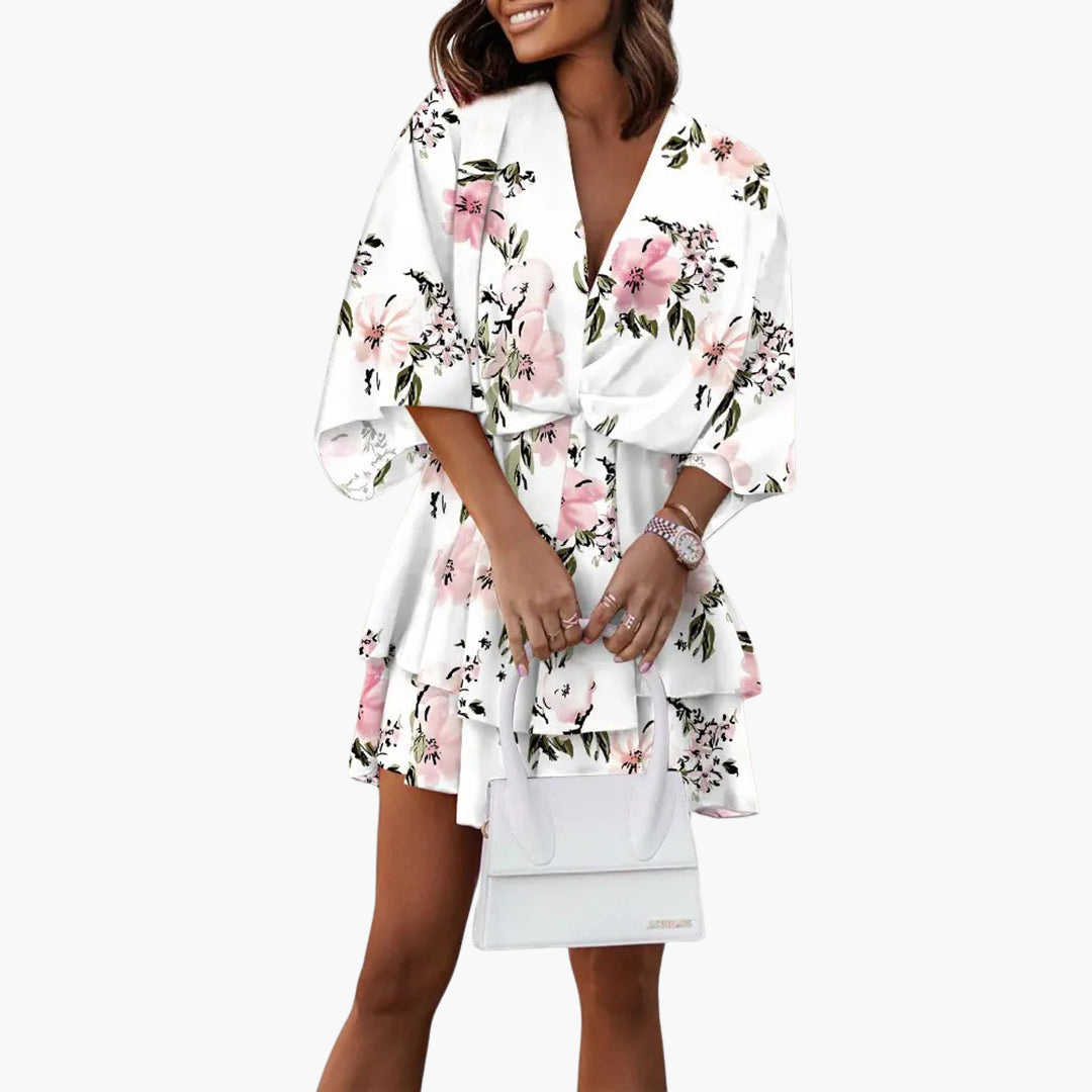 Damen Blumenkleid mit Rüschen – V-Ausschnitt Sommerkleid